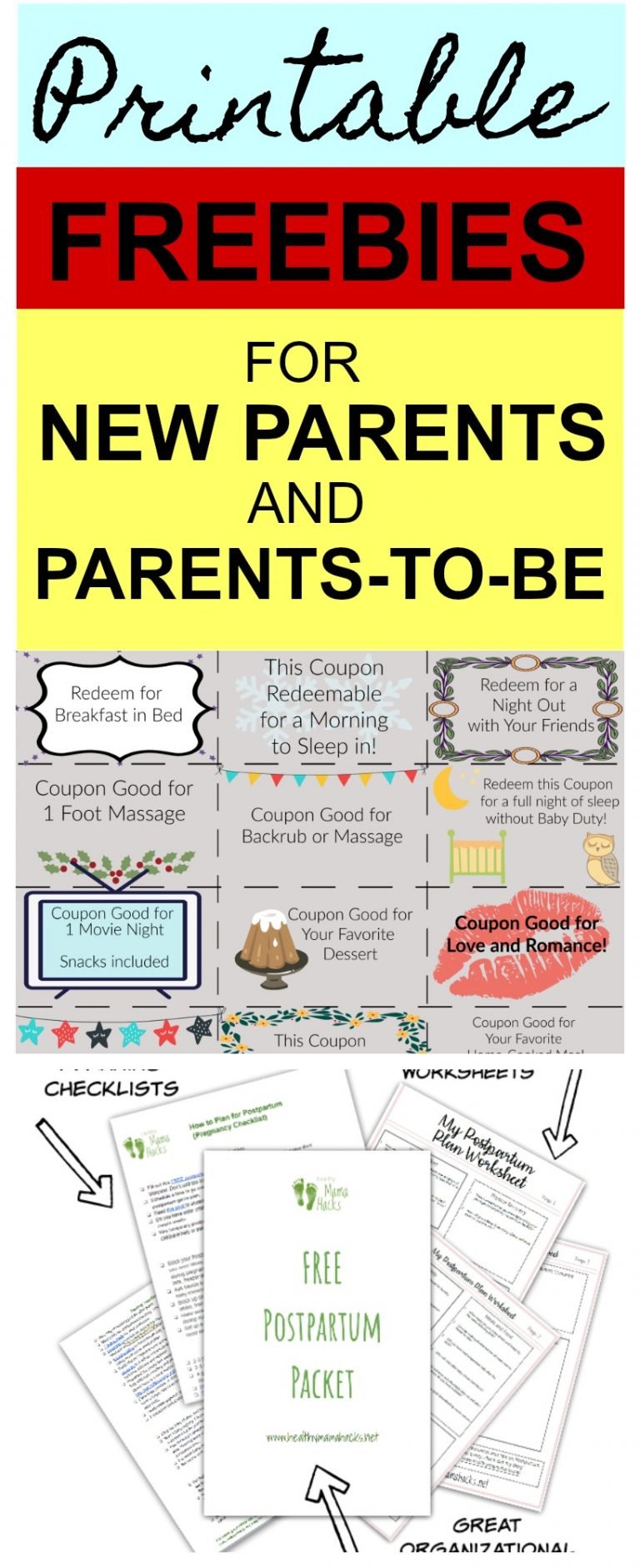 Download these printable freebies for new parents and parents-to-be! Fun gift ideas, planning worksheets, checklists for baby and so much more! #freebies, #newparents, #newmomprintables, #newmomfreebies, #babyfreebies. #freeprintables
